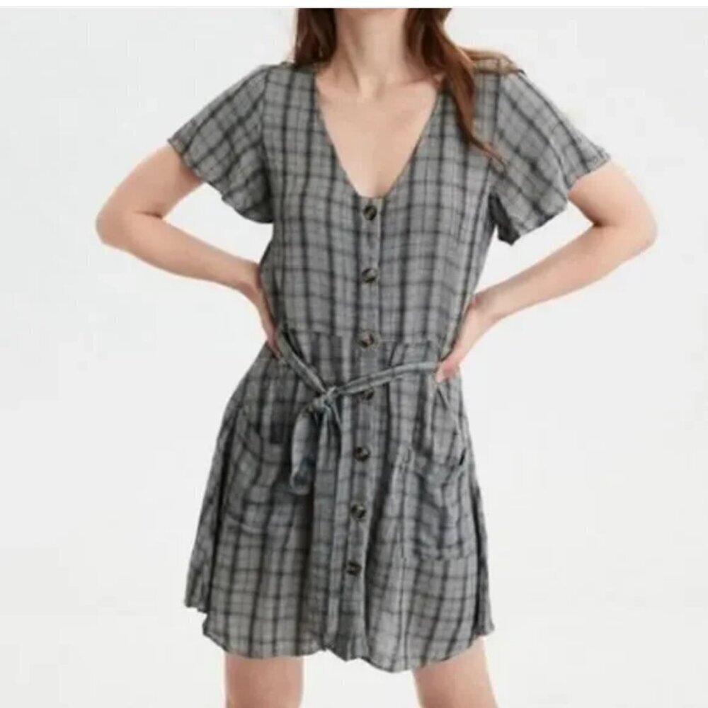 American Eagle Black & Gray Plaid Dress Short Sleeve Button Front Size XS